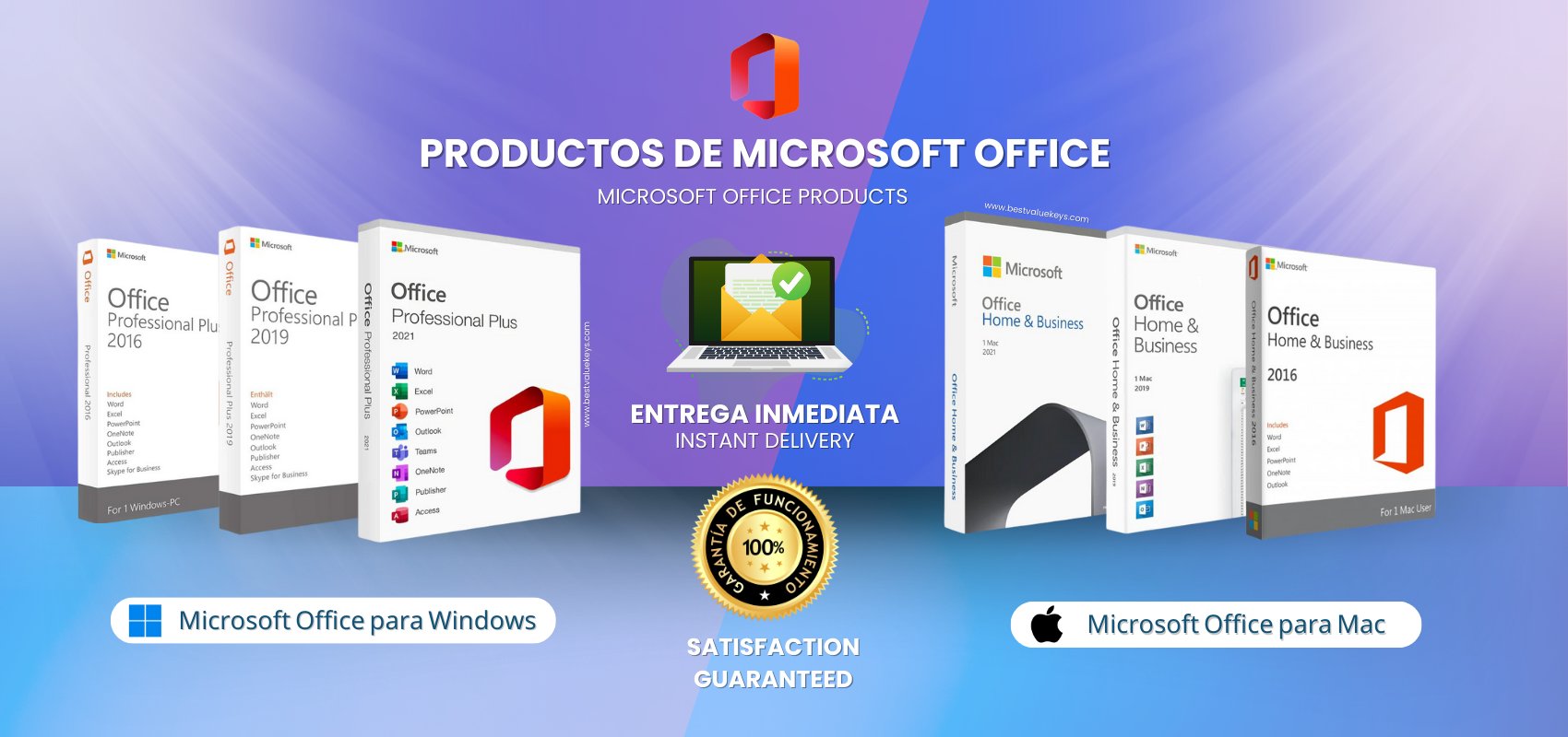 Licencias de Microsoft Office Professional Plus en sus versiones 2013, 2016, 2019, 2021, para Windows y MAC.